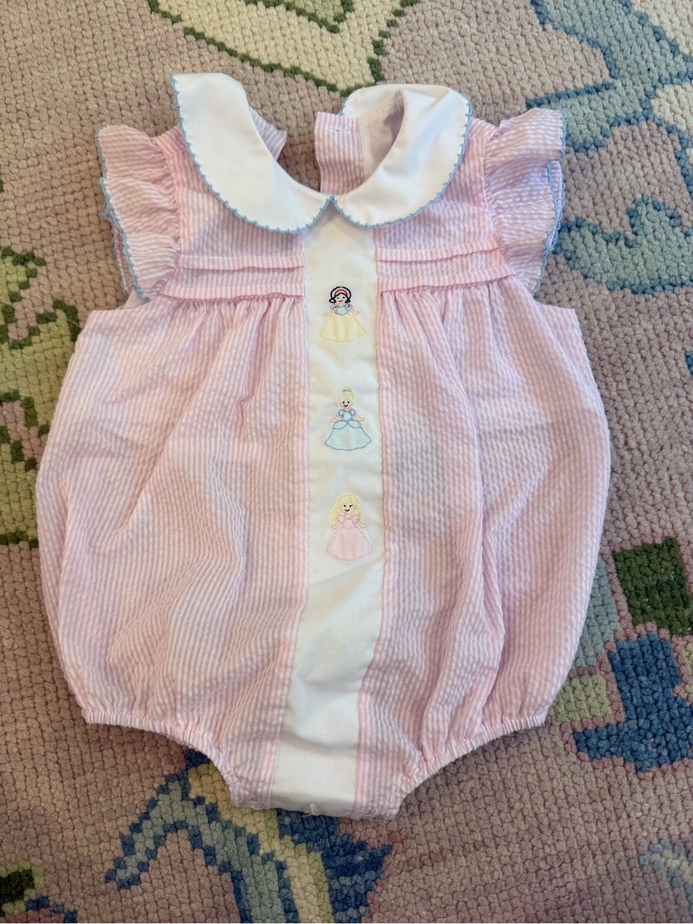 Pink Seersucker Princess Embroidered Baby Bubble